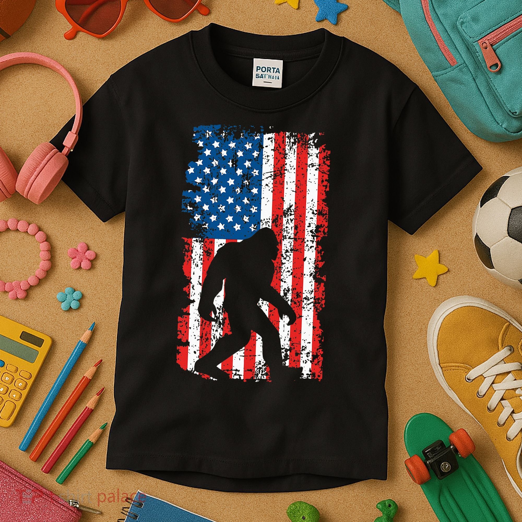 Bigfoot American Flag Sasquatch Kids T-Shirt
