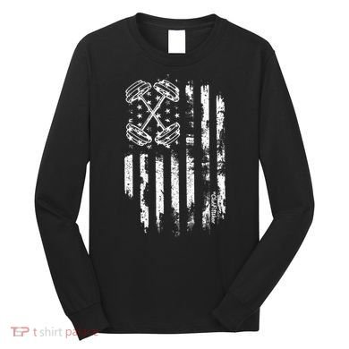 Barbell American Flag Workout Gym Long Sleeve Shirt