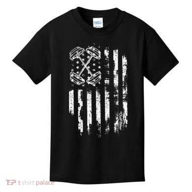 Barbell American Flag Workout Gym Kids T-Shirt