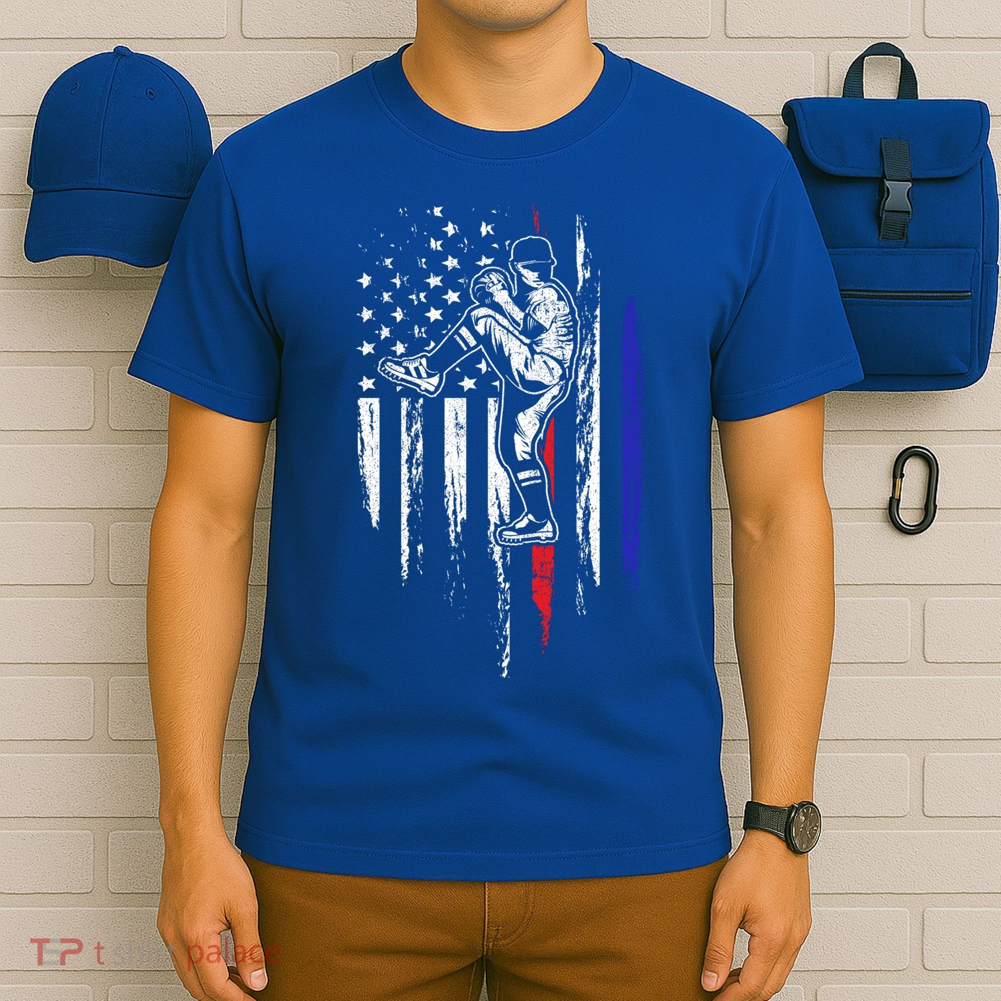 Baseball American Flag Pitcher Usa Pitching 4th Of July Gift Funny Gift T-Shirt