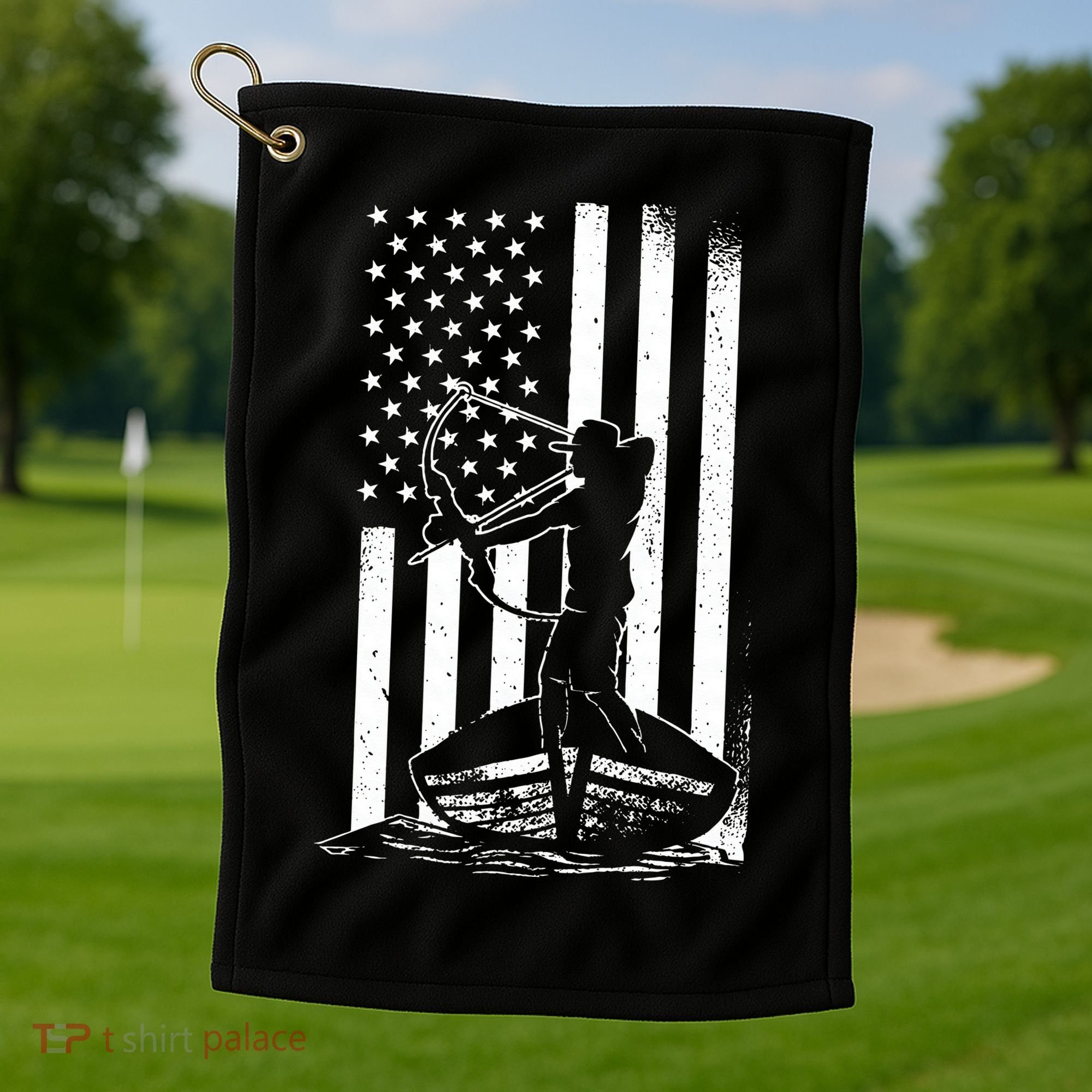 Bowfishing American Flag Bow Hunting Fish Golf Towel