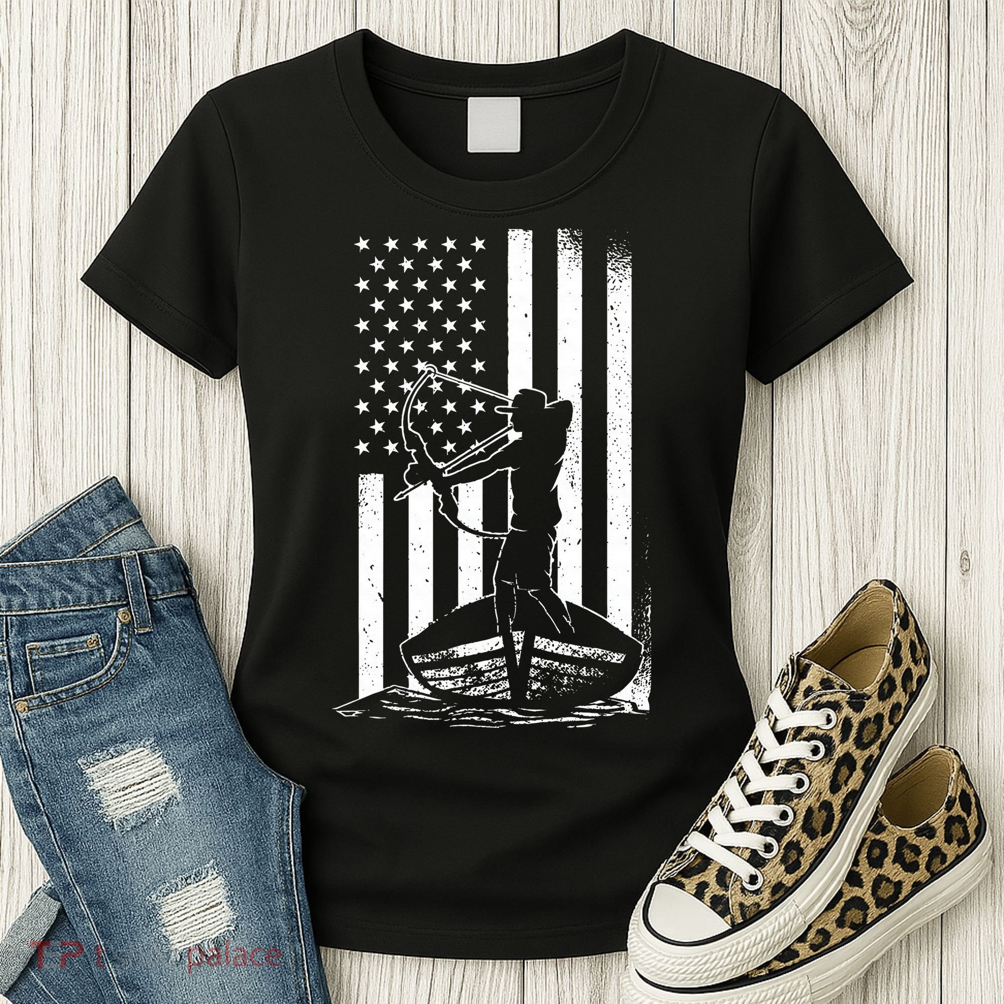 Bowfishing American Flag Bow Hunting Fish Women's T-Shirt