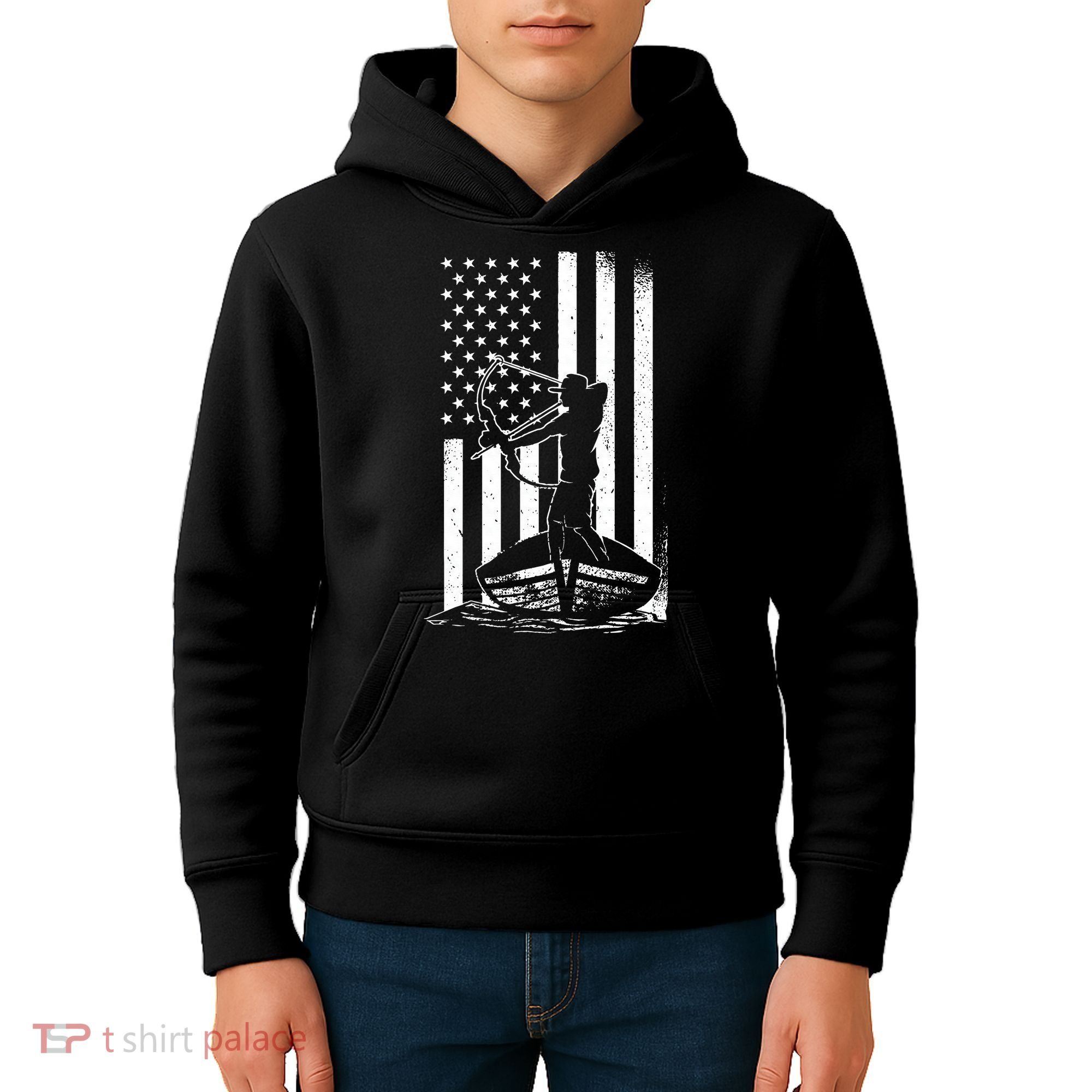 Bowfishing American Flag Bow Hunting Fish Kids Hoodie