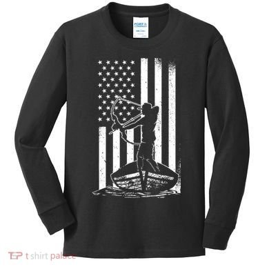 Bowfishing American Flag Bow Hunting Fish Kids Long Sleeve Shirt