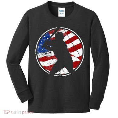 Baseball American Flag Vintage Baseball Kids Long Sleeve Shirt