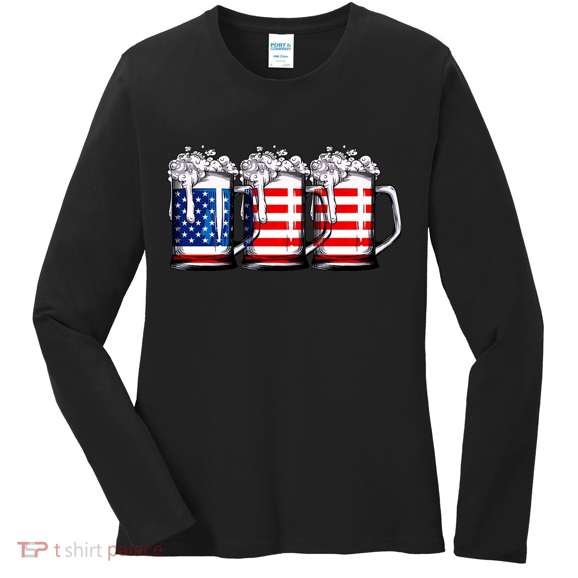 Beer American Flag 4th Of July Merica Drinking Usa Women's Long Sleeve Shirt