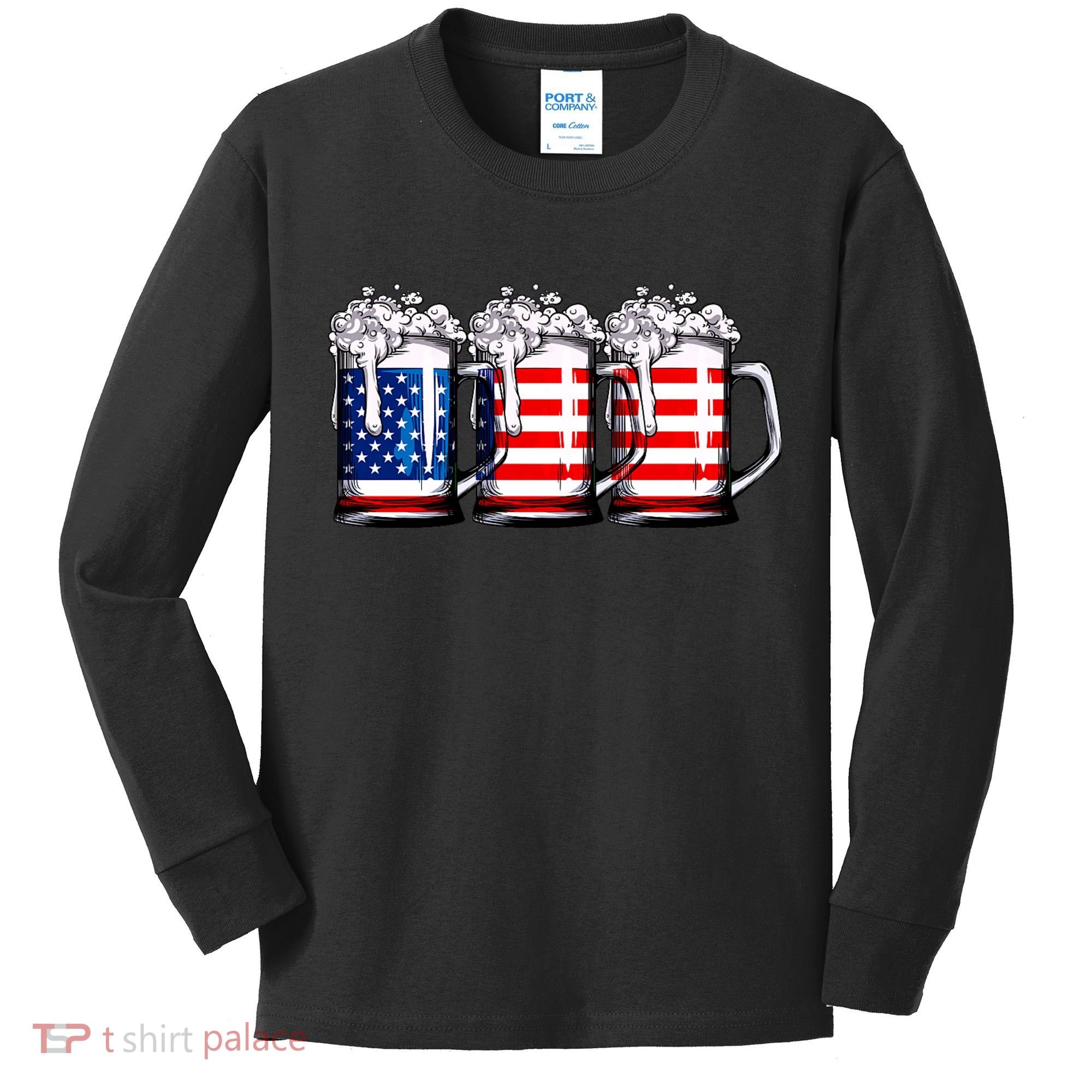 Beer American Flag 4th Of July Merica Drinking Usa Kids Long Sleeve Shirt