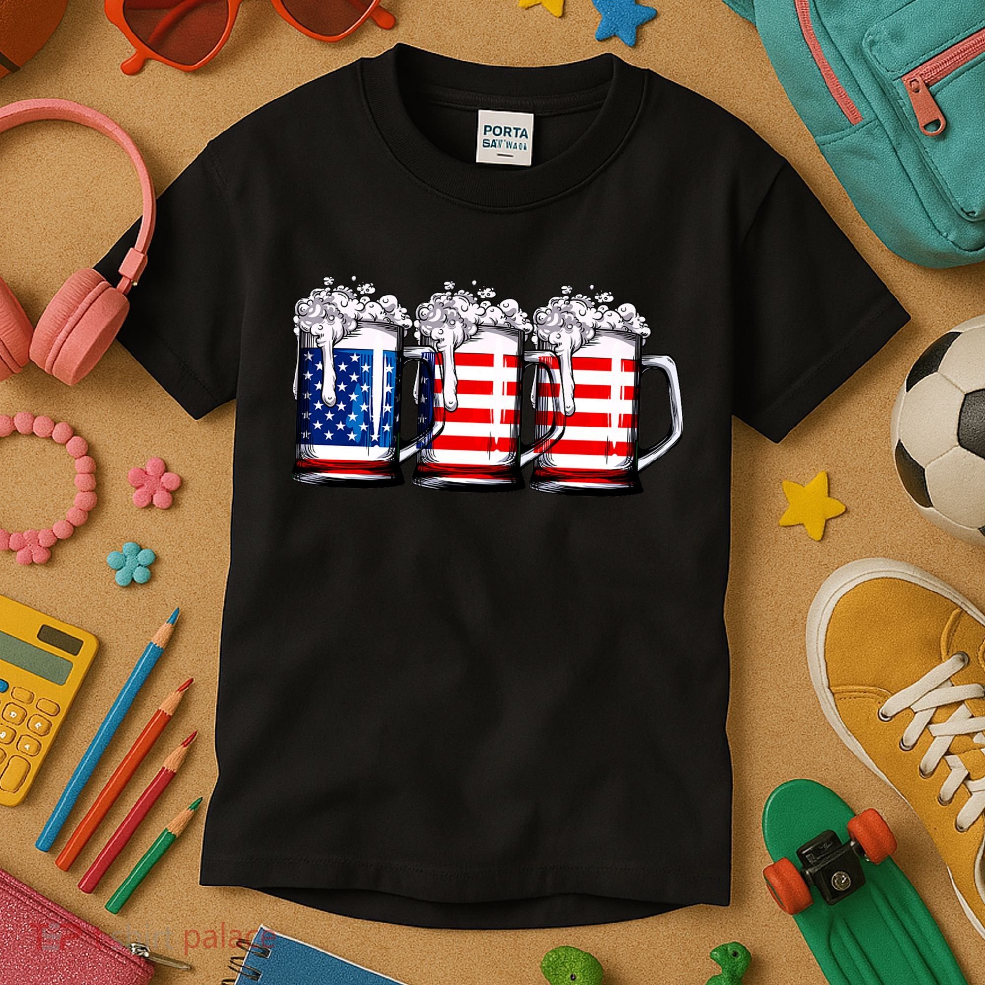 Beer American Flag 4th Of July Merica Drinking Usa Kids T-Shirt