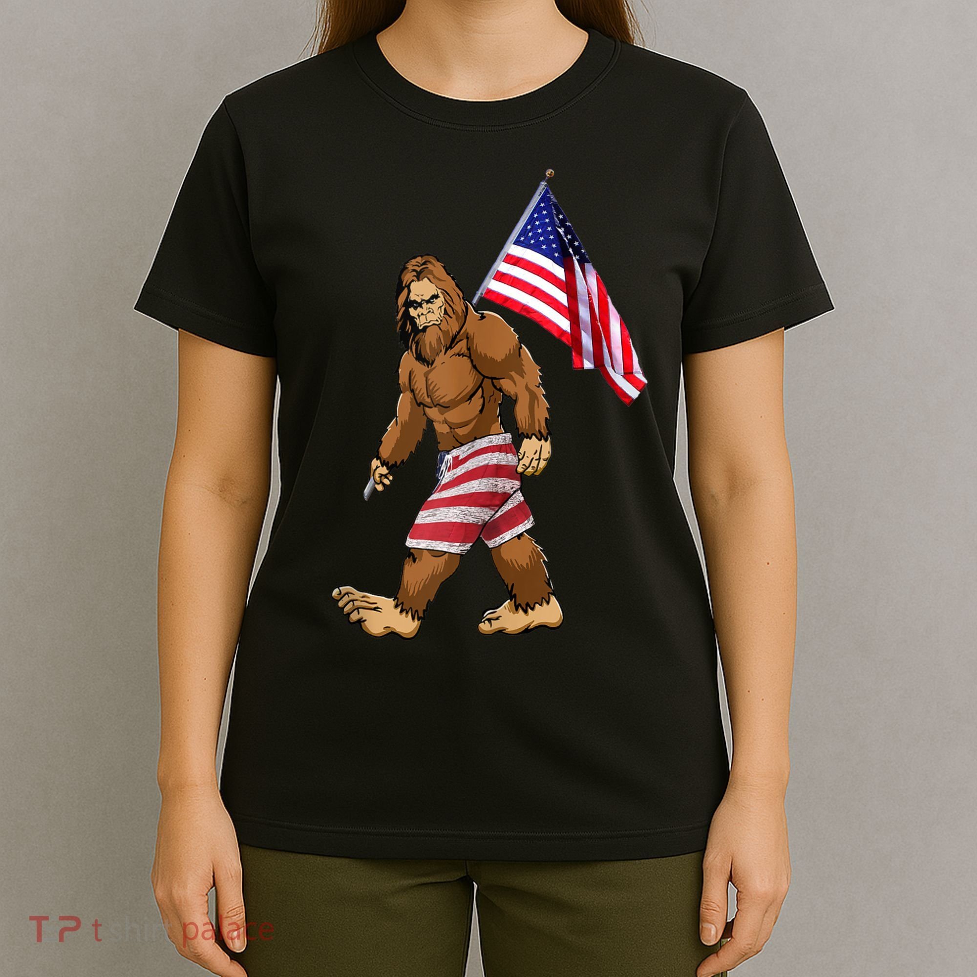 Bigfoot American Flag Gifts 4th July Sasquatch Believe Kids T-Shirt