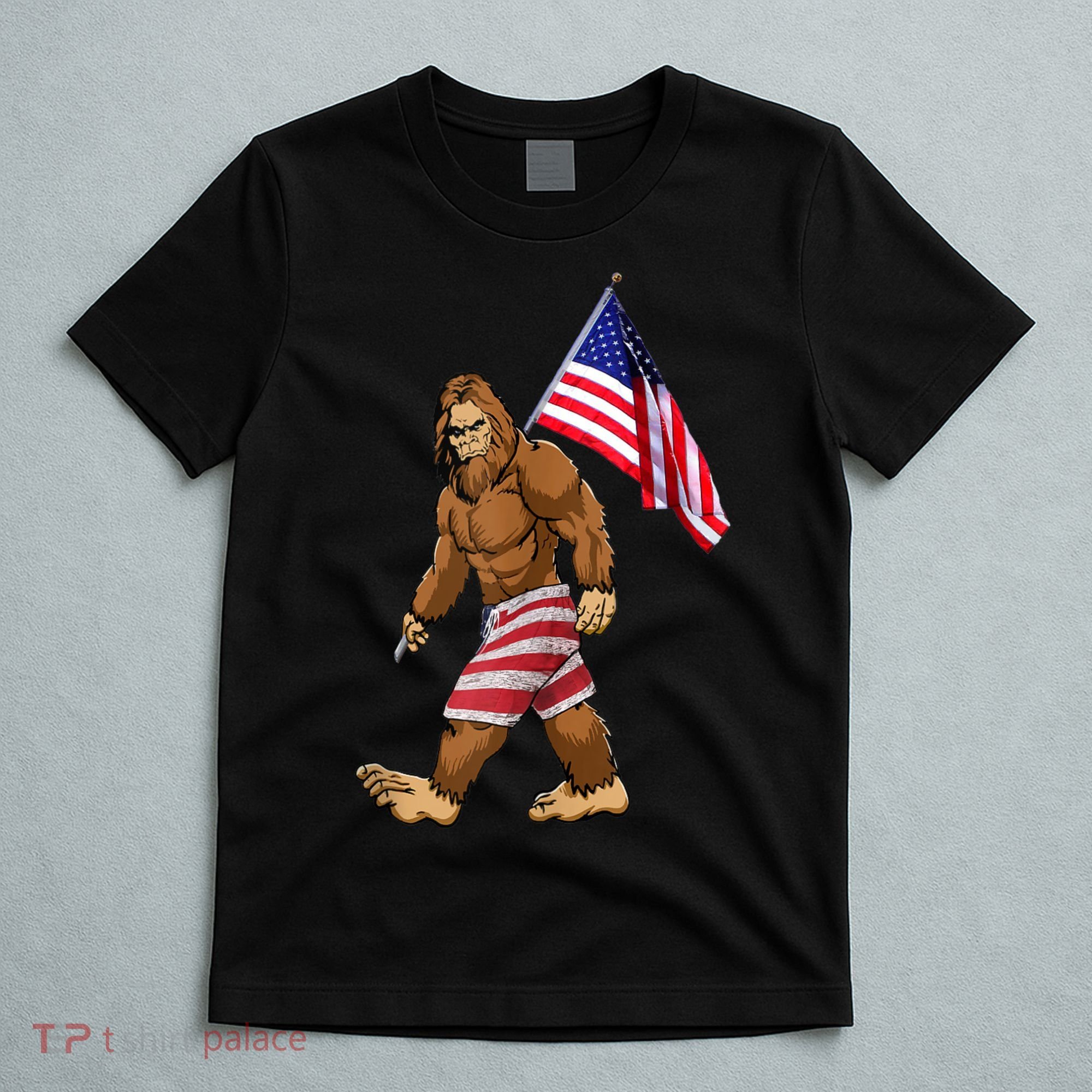Bigfoot American Flag Gifts 4th July Sasquatch Believe Kids T-Shirt