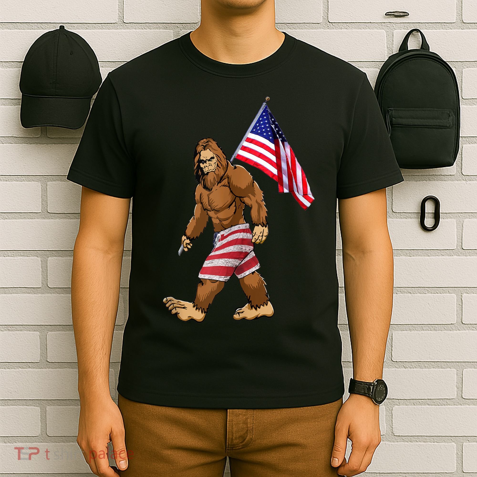 Bigfoot American Flag Gifts 4th July Sasquatch Believe Kids T-Shirt