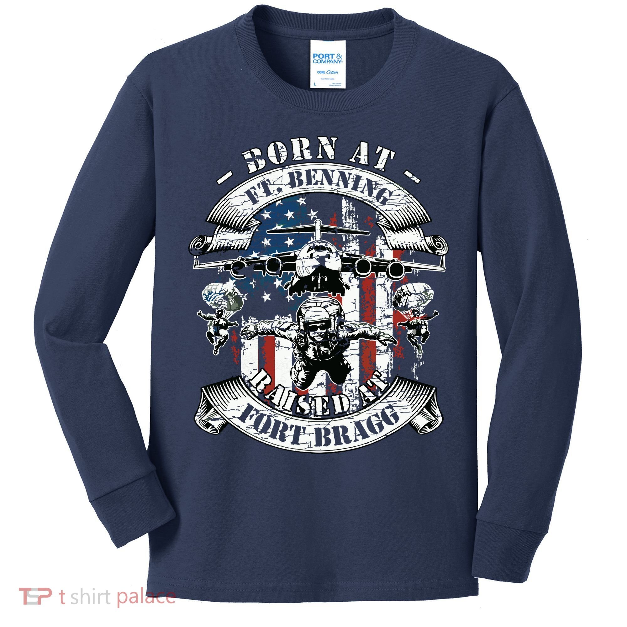 Born At Fort Benning Raised At Fort Bragg 82nd Airborne Kids Long Sleeve Shirt