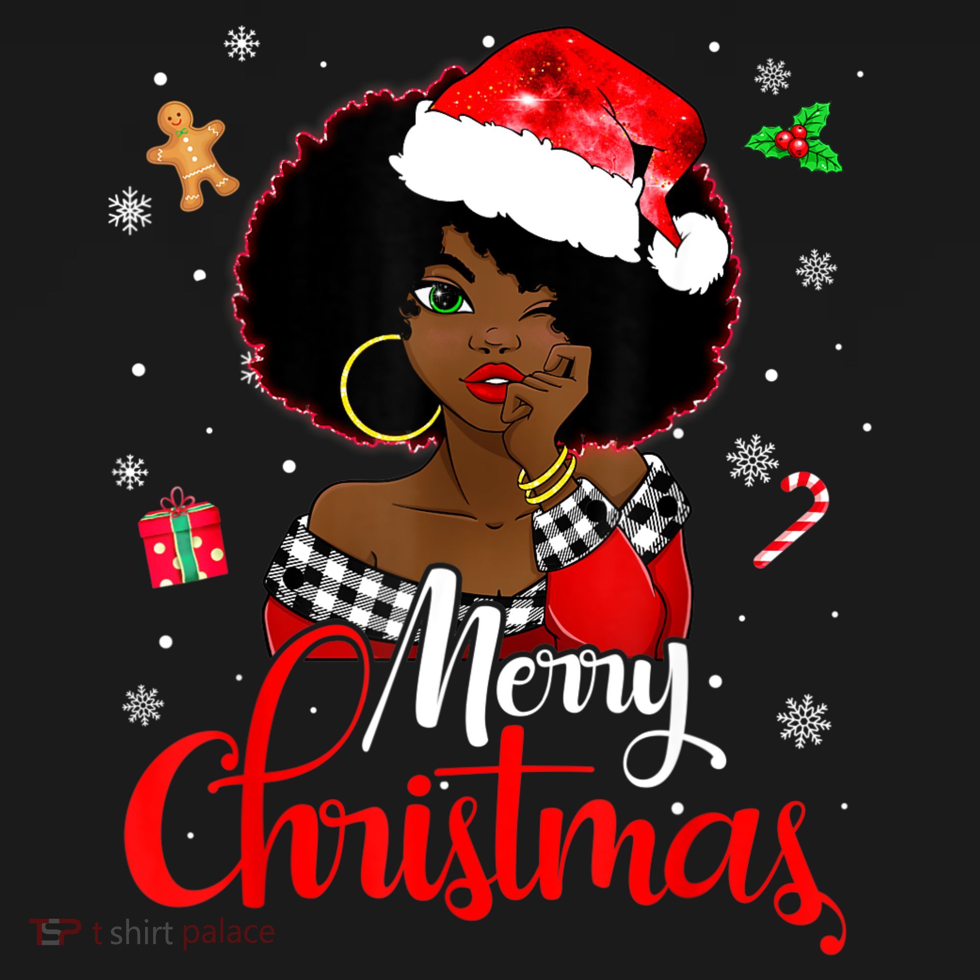 Black African Girl American Melanin Christmas Santa Hat Xmas Women's Tank Top