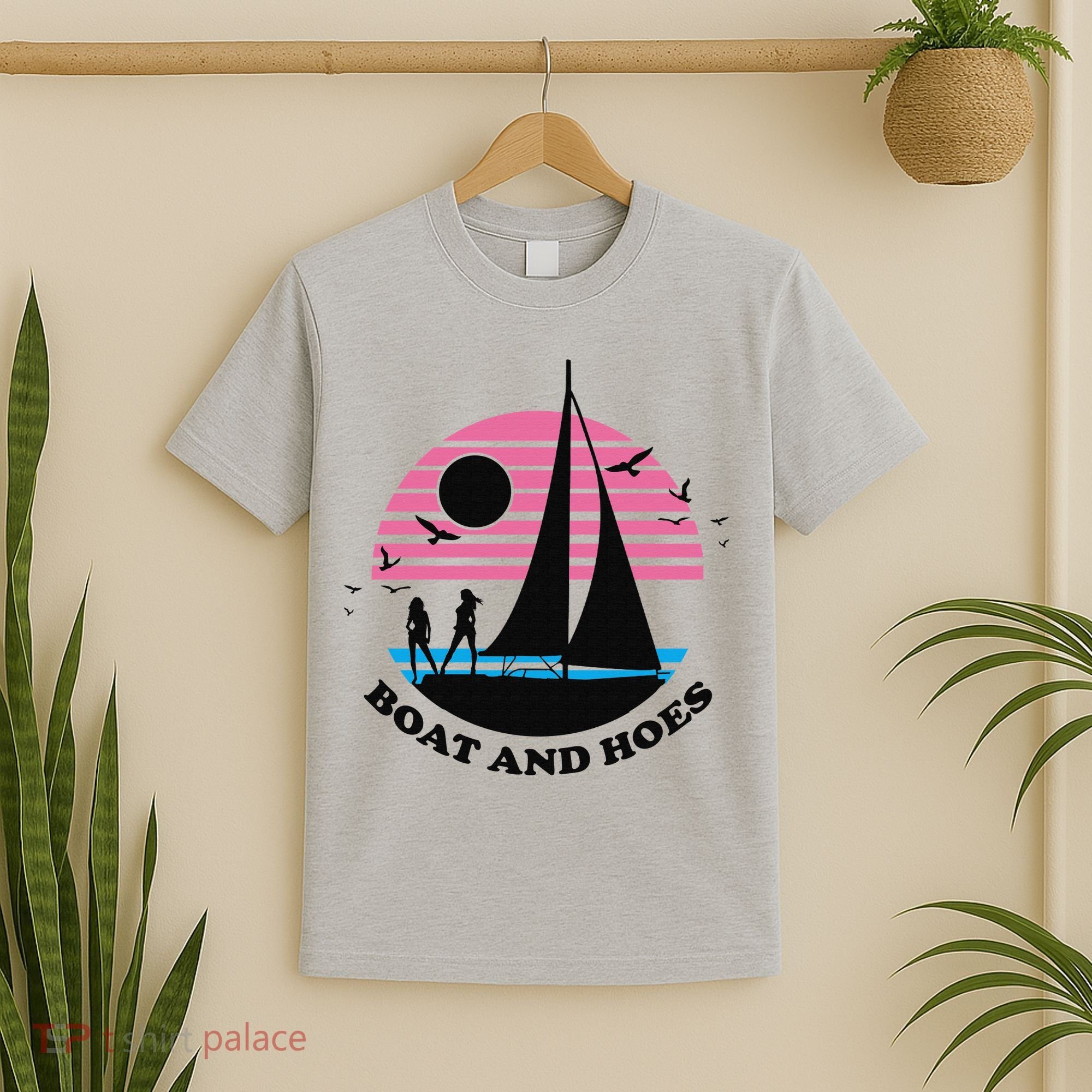 Boats And Hoes Retro Sunset Funny T-Shirt