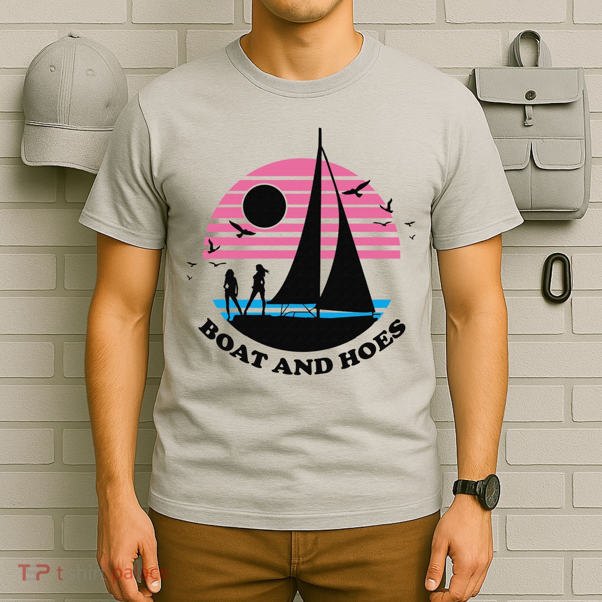 Boats And Hoes Retro Sunset Funny T-Shirt