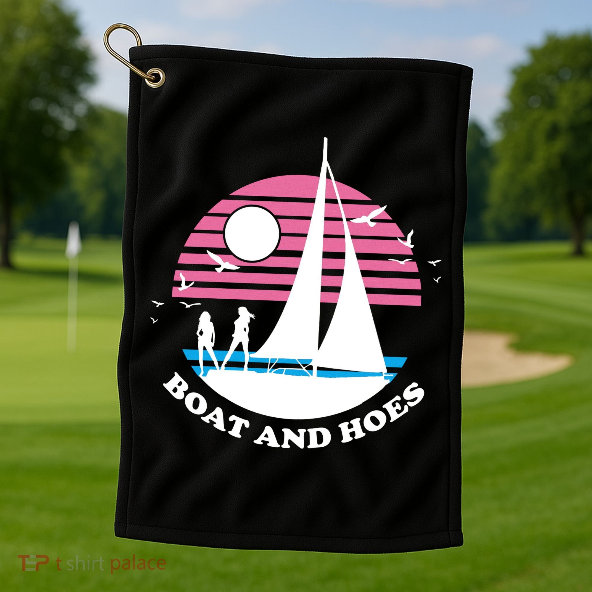 Boats And Hoes Retro Sunset Funny Golf Towel
