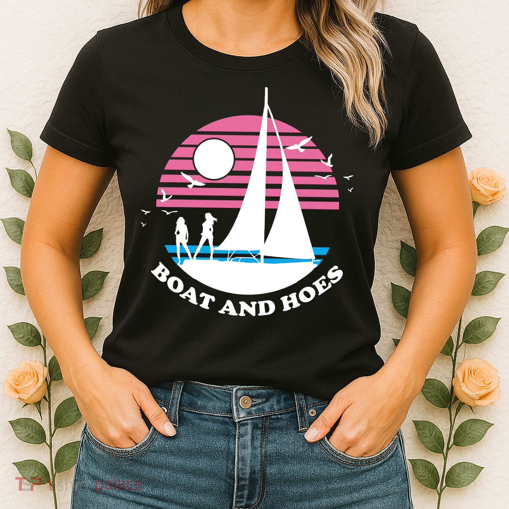 Boats And Hoes Retro Sunset Funny Women's T-Shirt