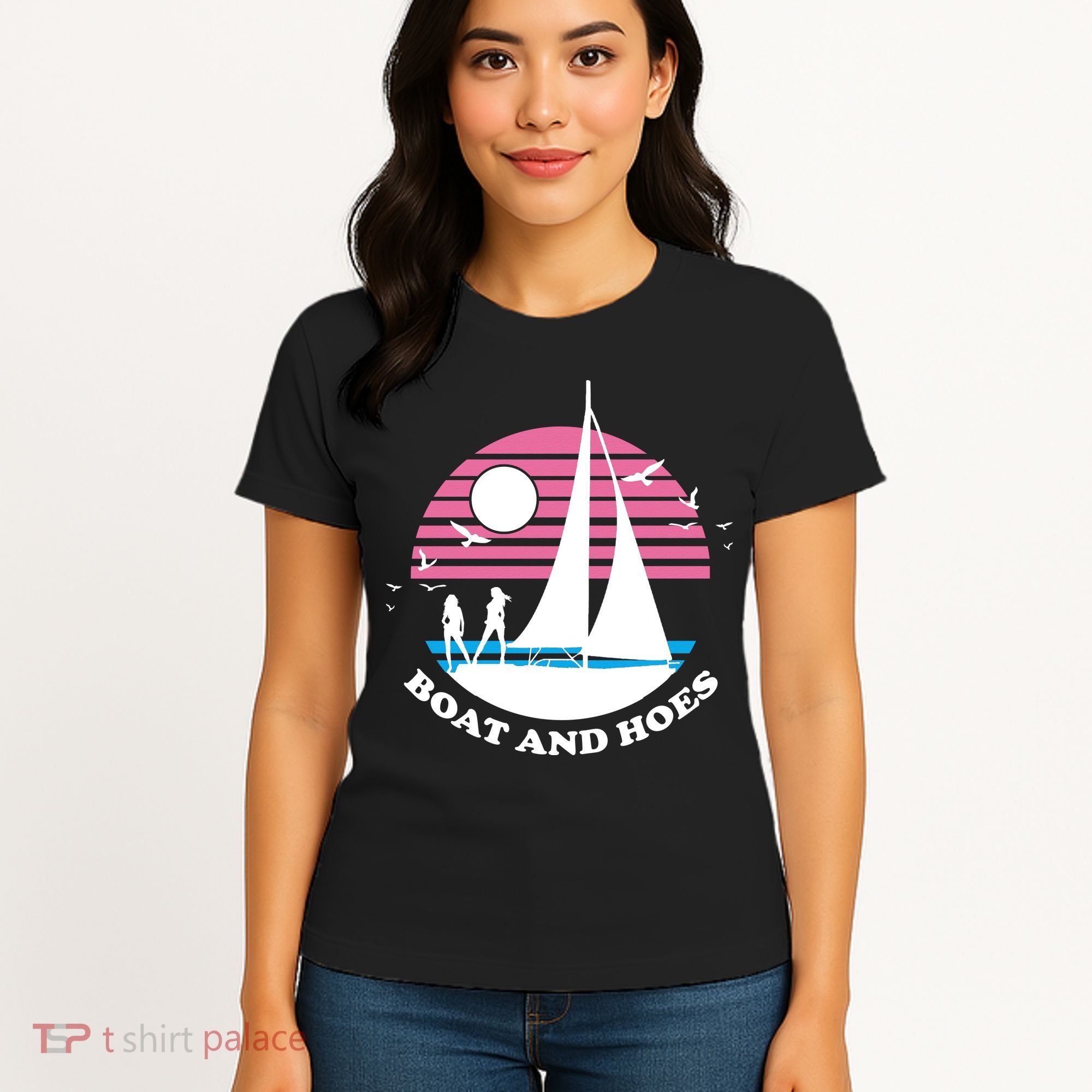 Boats And Hoes Retro Sunset Funny Women's T-Shirt