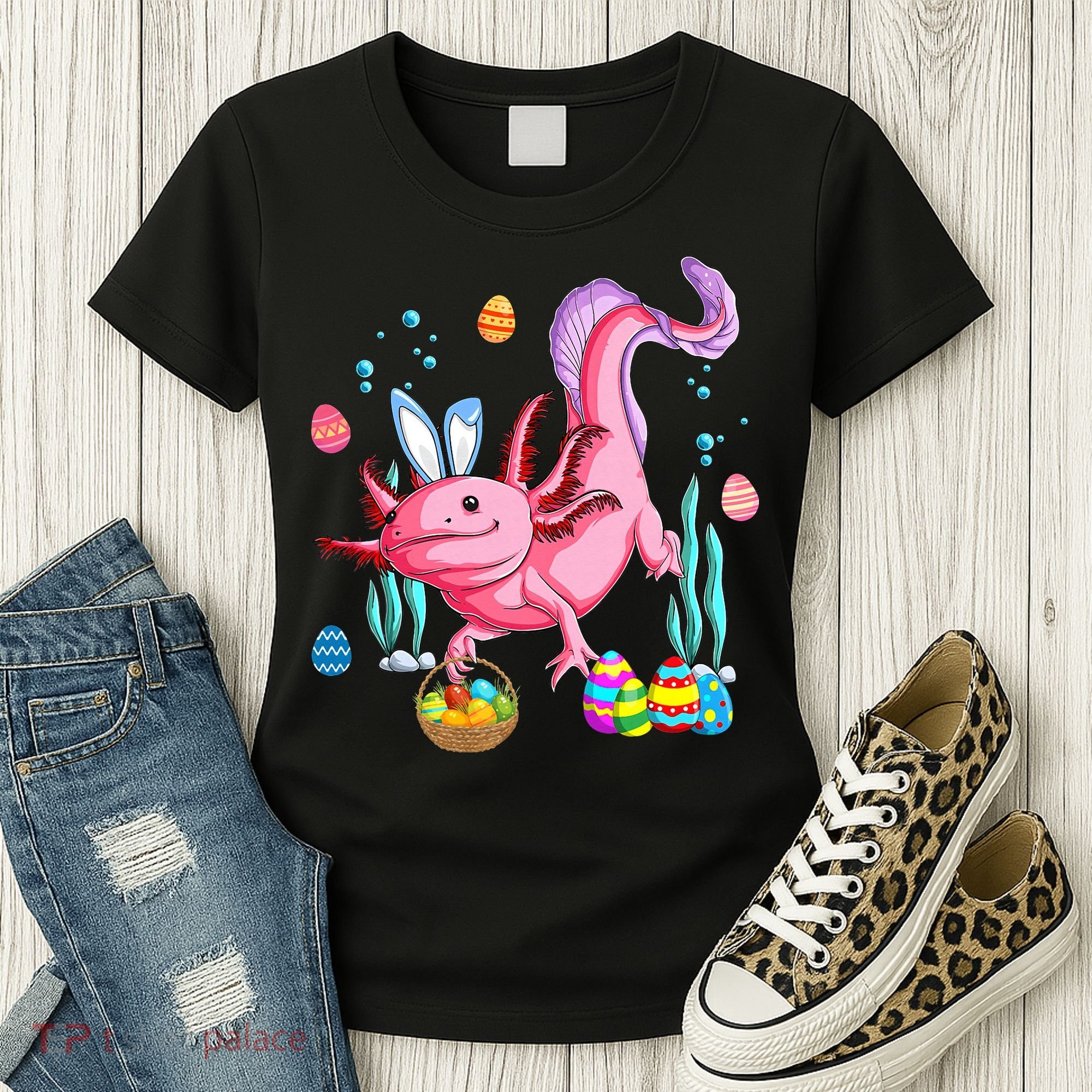 Bunny Axolotl Hunting Easter Eggs Basket Costume Women's T-Shirt