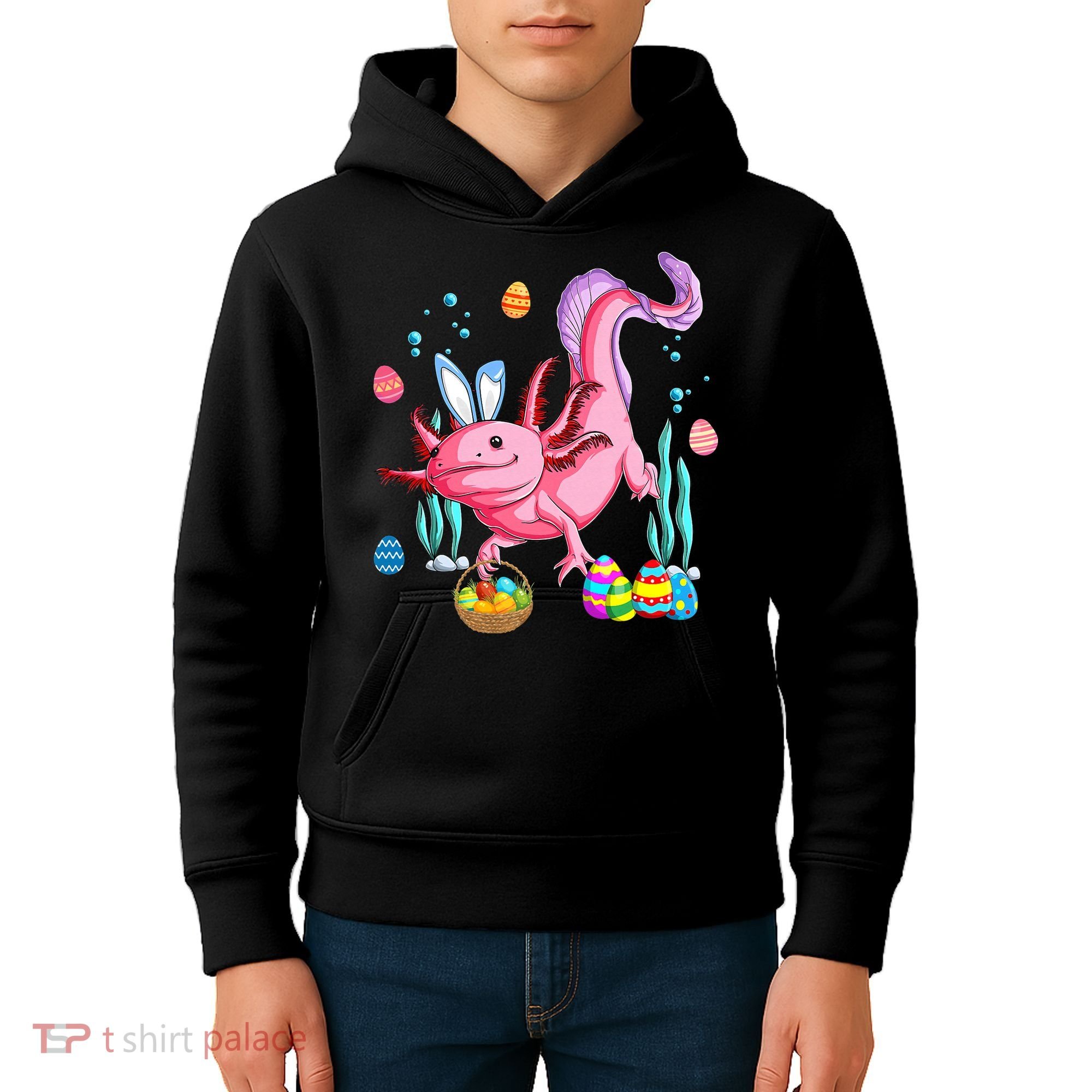 Bunny Axolotl Hunting Easter Eggs Basket Costume Kids Hoodie