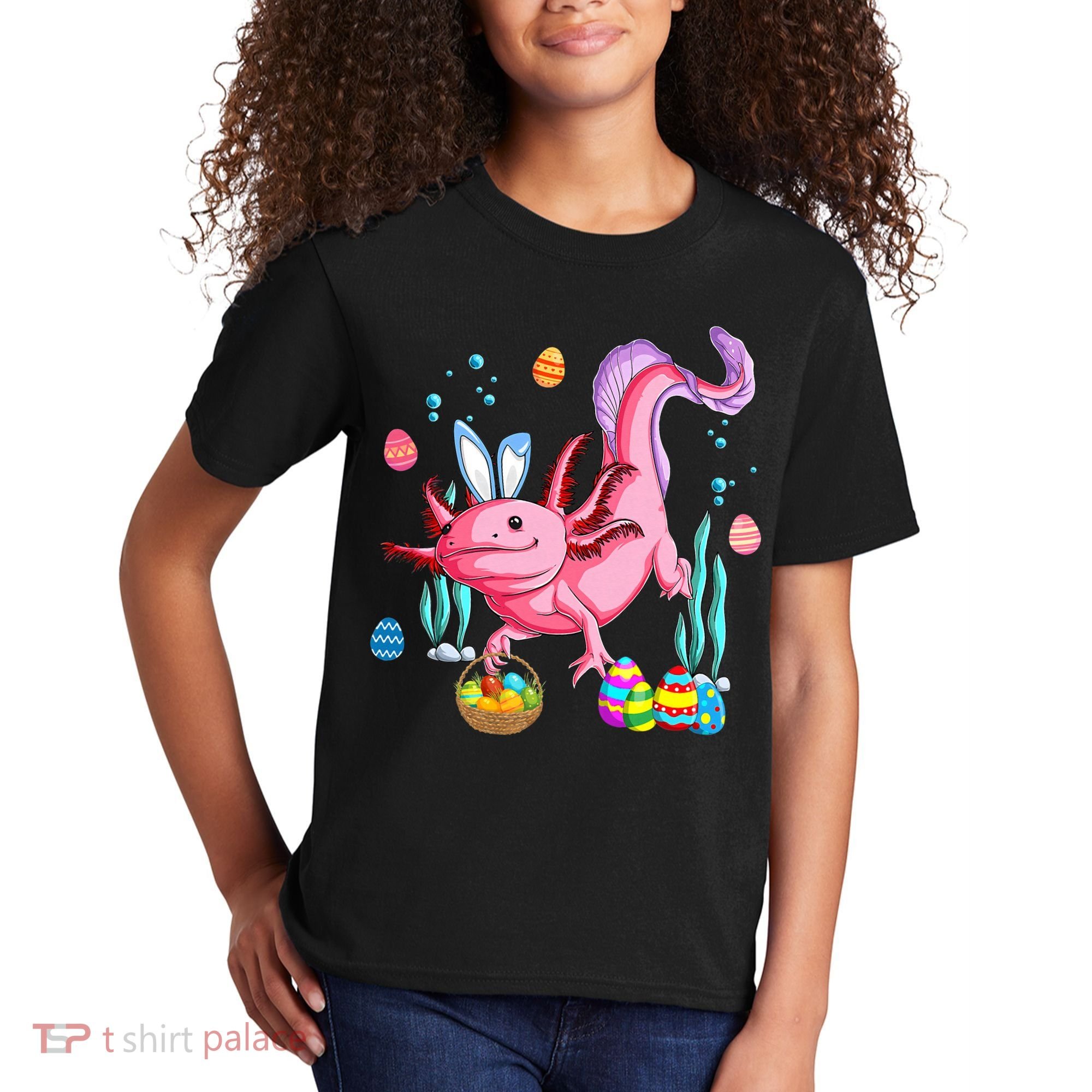 Bunny Axolotl Hunting Easter Eggs Basket Costume Kids T-Shirt