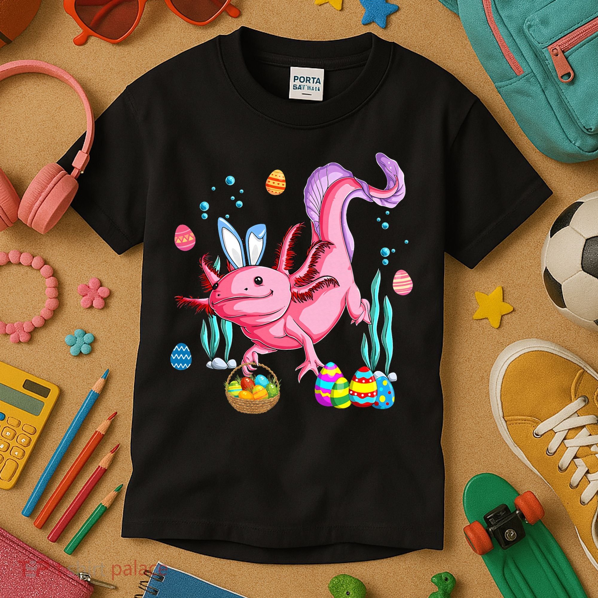 Bunny Axolotl Hunting Easter Eggs Basket Costume Kids T-Shirt
