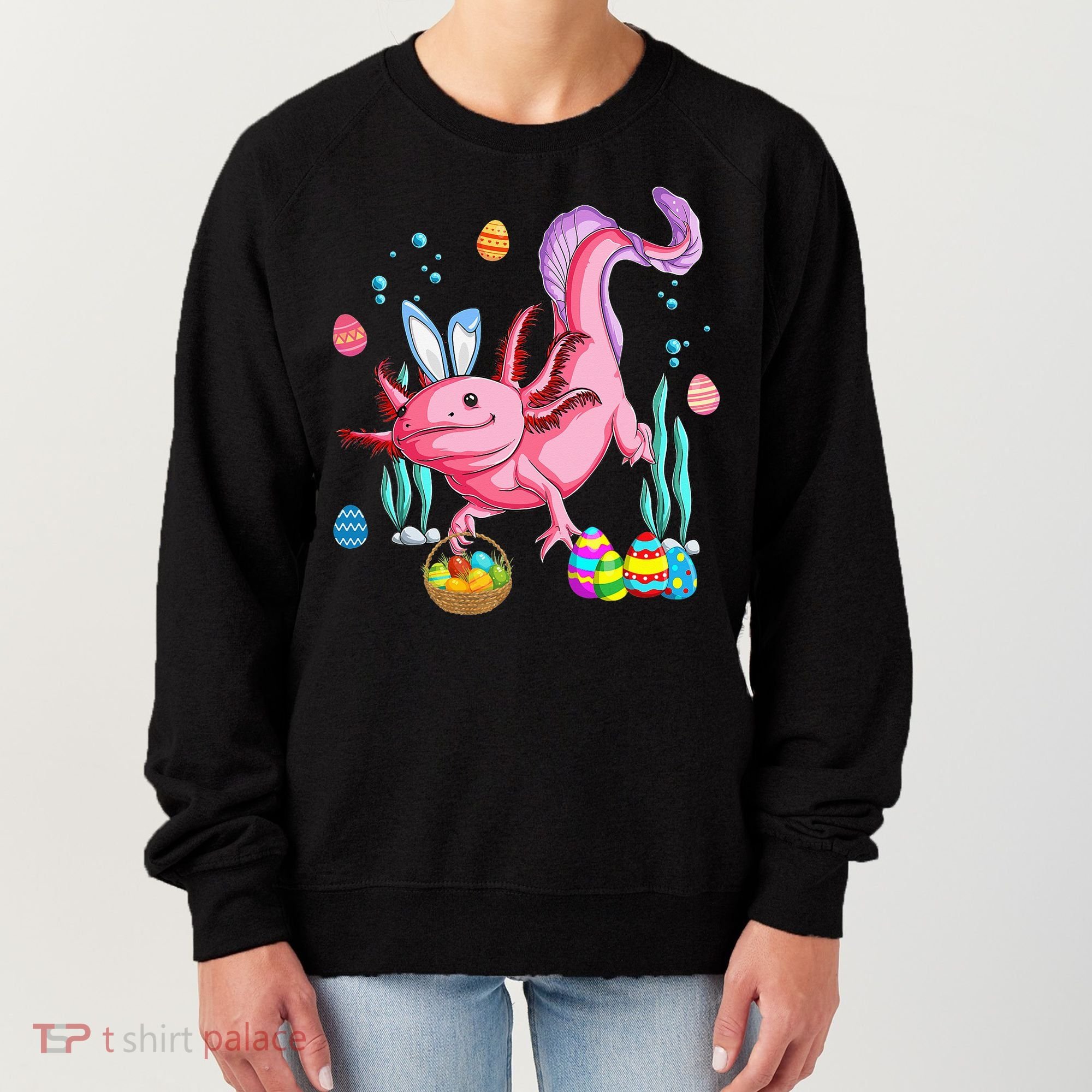 Bunny Axolotl Hunting Easter Eggs Basket Women's Sweatshirt