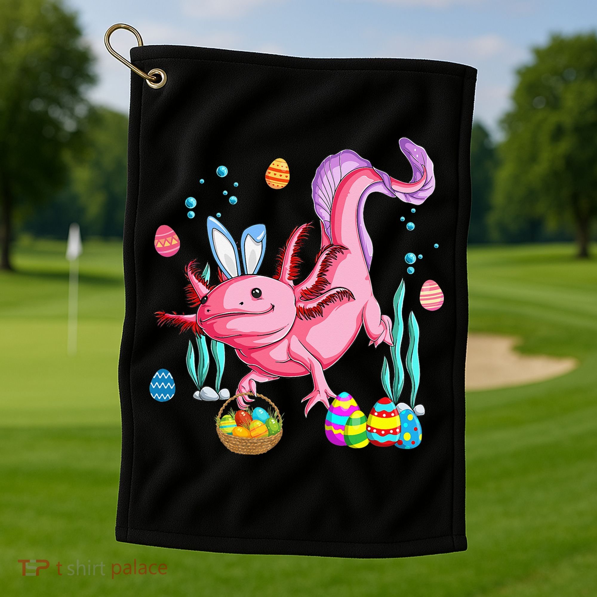 Bunny Axolotl Hunting Easter Eggs Basket Golf Towel
