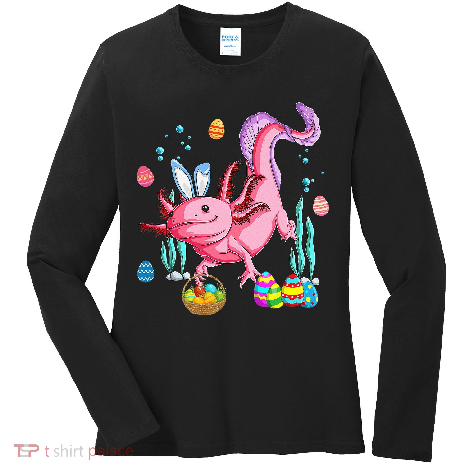 Bunny Axolotl Hunting Easter Eggs Basket Women's Long Sleeve Shirt