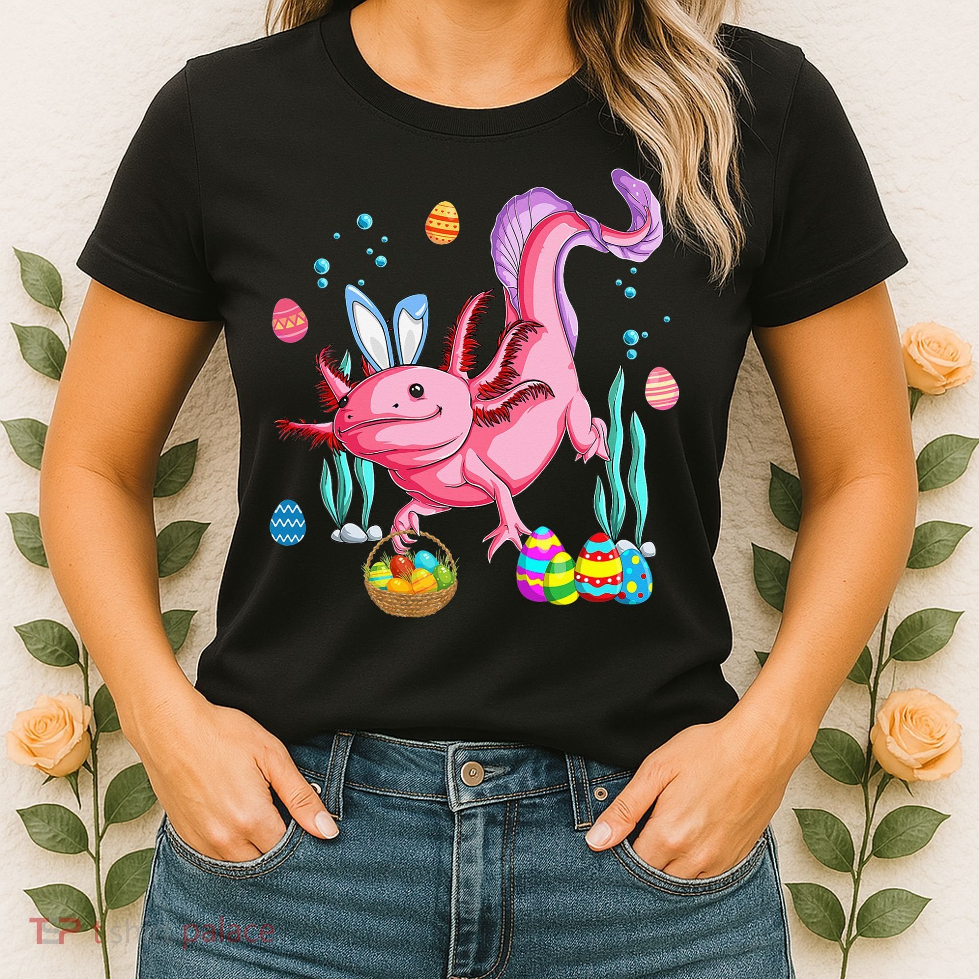 Bunny Axolotl Hunting Easter Eggs Basket Women's T-Shirt