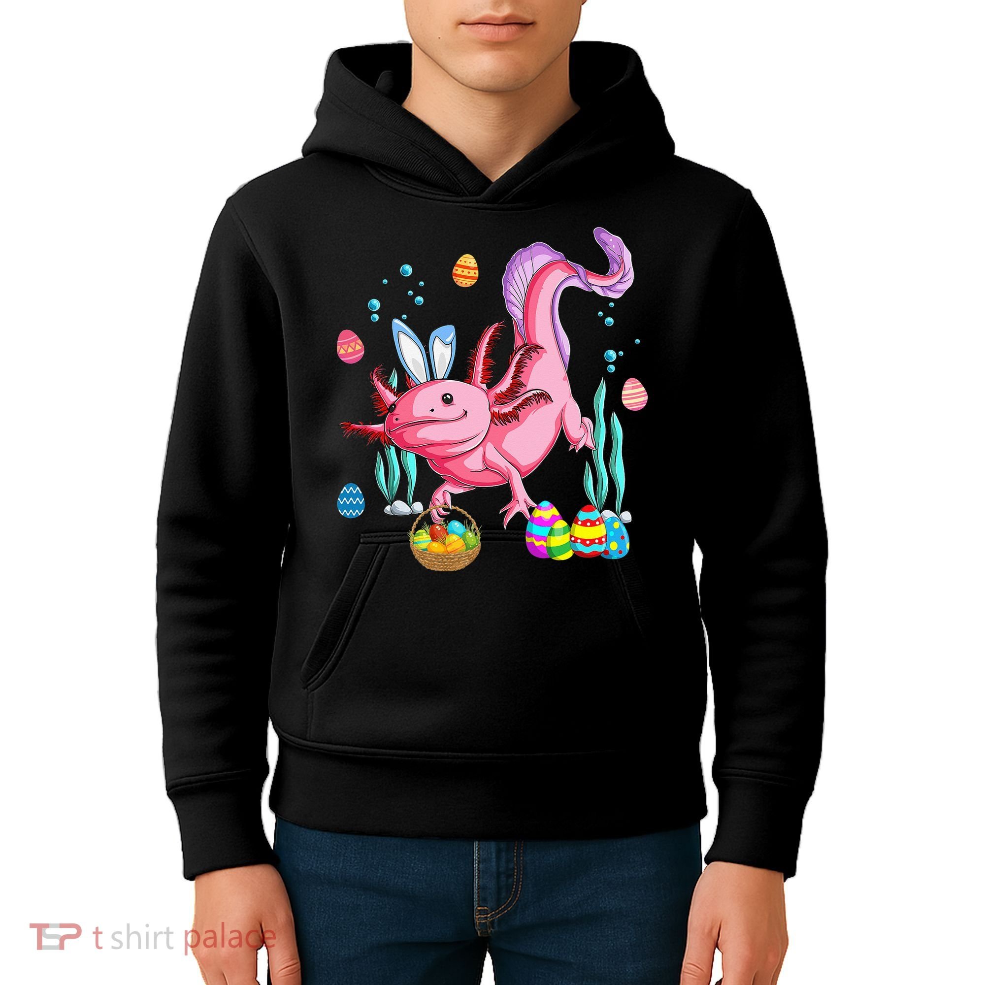 Bunny Axolotl Hunting Easter Eggs Basket Kids Hoodie