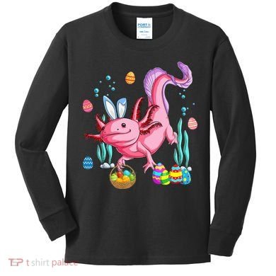 Bunny Axolotl Hunting Easter Eggs Basket Kids Long Sleeve Shirt