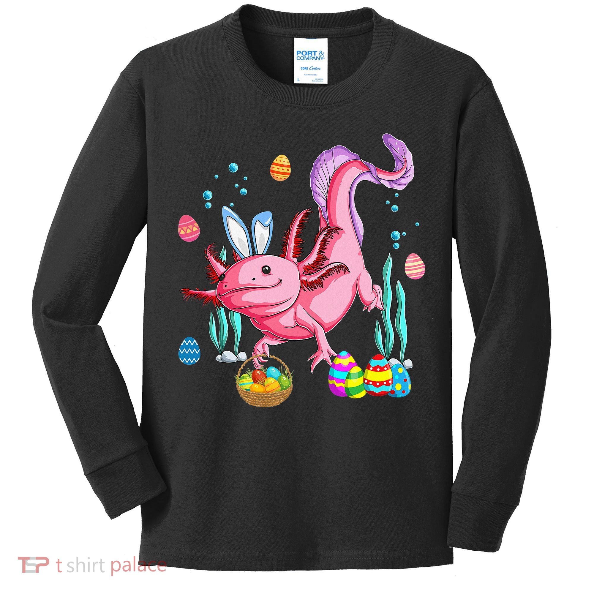 Bunny Axolotl Hunting Easter Eggs Basket Kids Long Sleeve Shirt