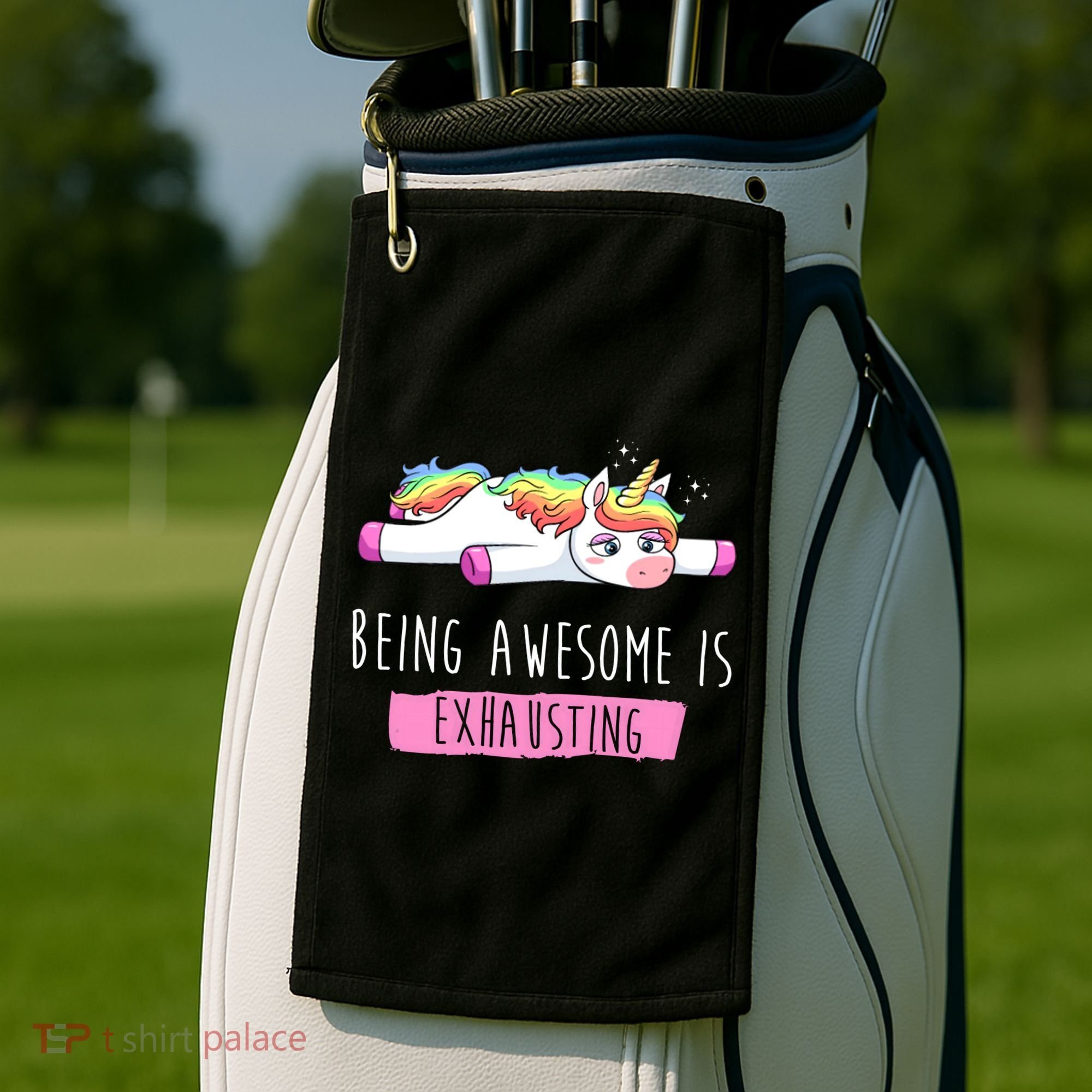 Being Awesome Is Exhausting Funny Unicorn Golf Towel