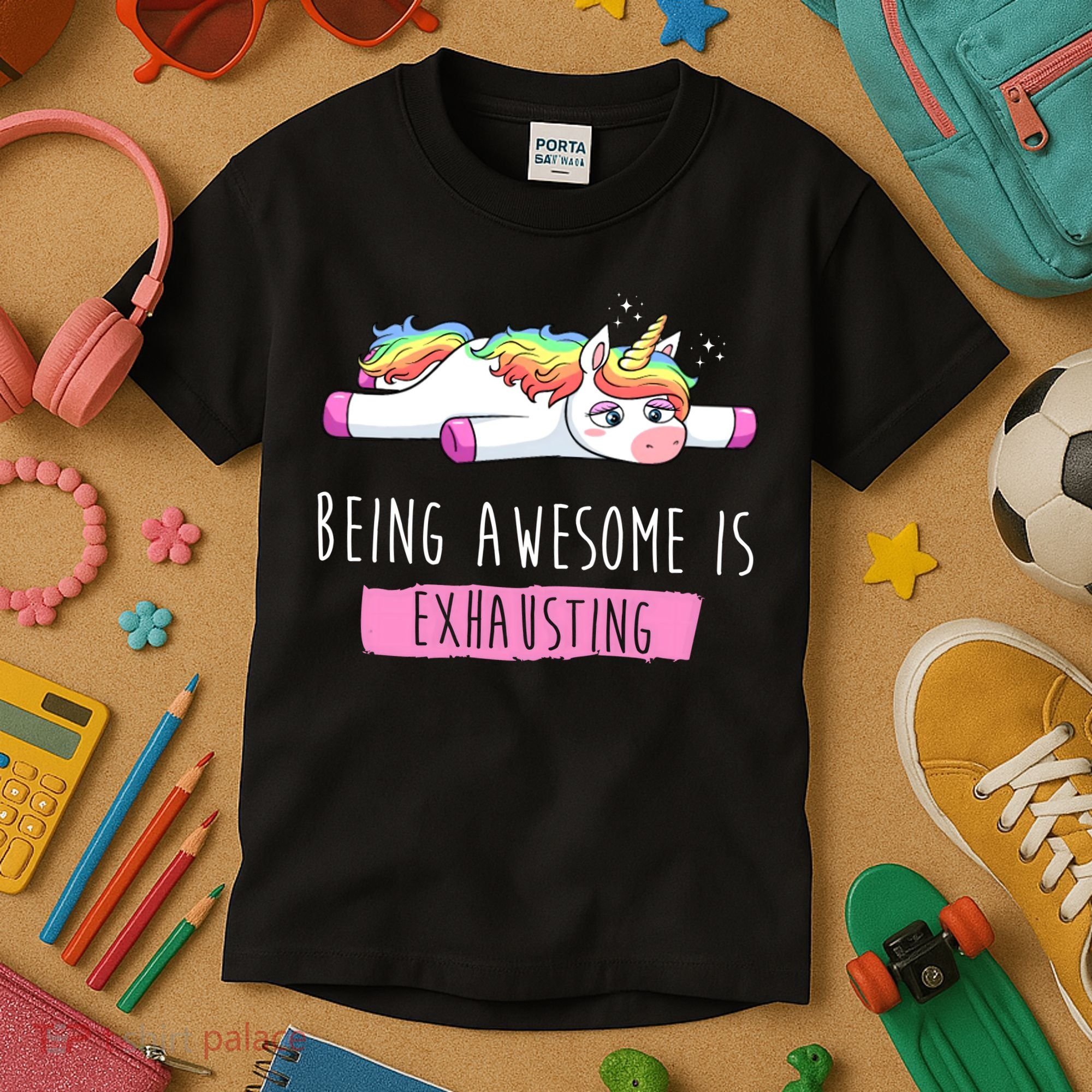 Being Awesome Is Exhausting Funny Unicorn Kids T-Shirt