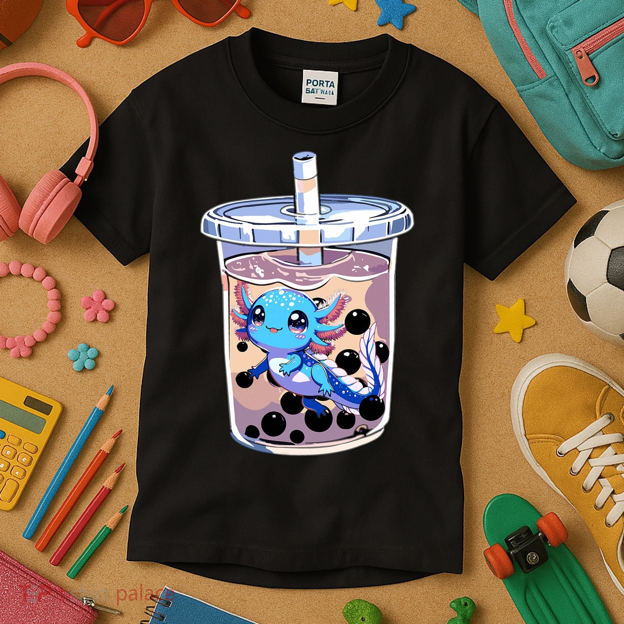 Boba Axolotl Kawaii Axolotl Bubble Tea Boba Kids T-Shirt