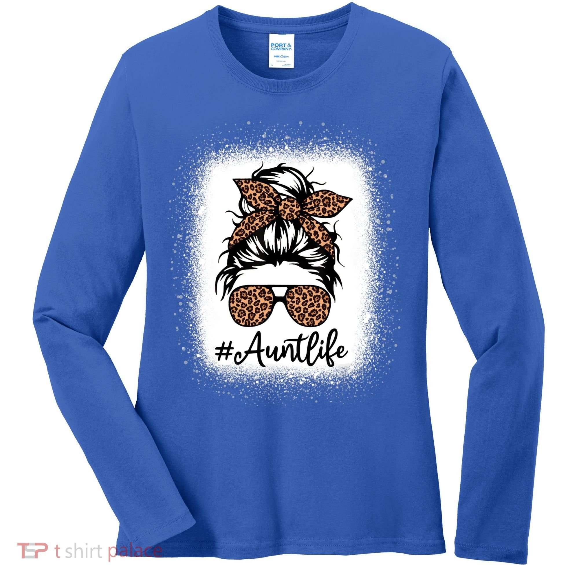 Best Aunt Life Messy Bun Leopard Bleached Auntie Mothers Day Great Gift Women's Long Sleeve Shirt