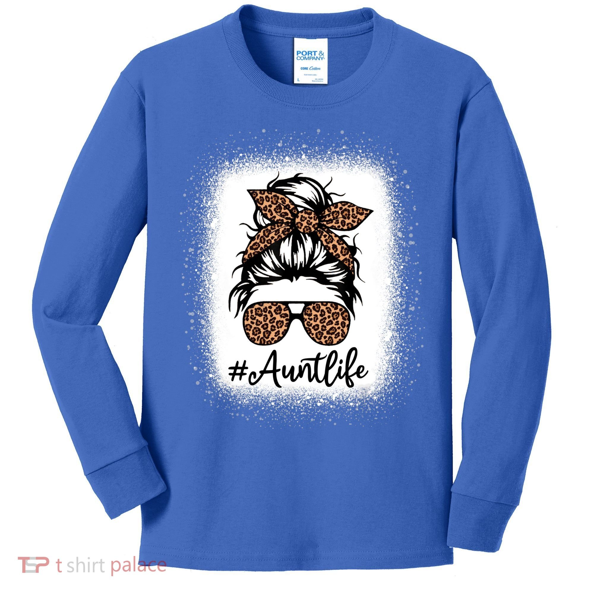 Best Aunt Life Messy Bun Leopard Bleached Auntie Mothers Day Great Gift Kids Long Sleeve Shirt