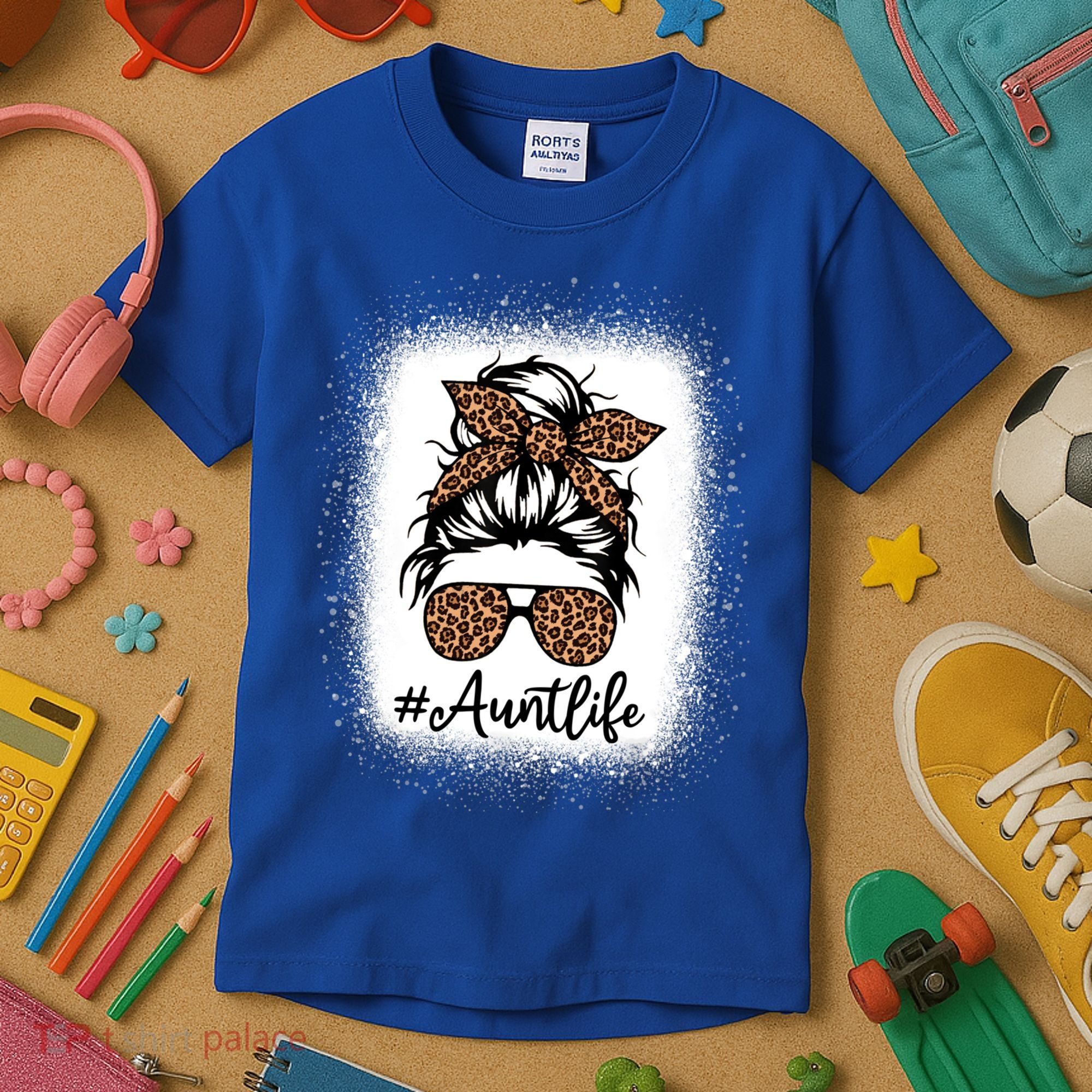 Best Aunt Life Messy Bun Leopard Bleached Auntie Mothers Day Great Gift Kids T-Shirt