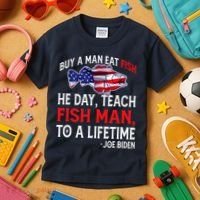 Buy A Man Eat Fish Funny Joe Biden Quote Kids T-Shirt thumb 3