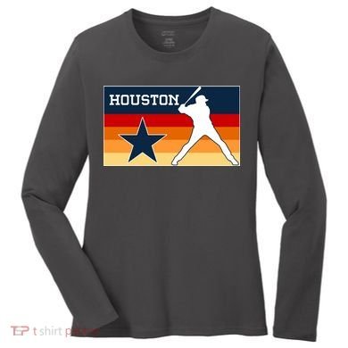 Baseball Player Silhouette Houston Flag Women's Long Sleeve Shirt