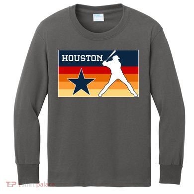 Baseball Player Silhouette Houston Flag Kids Long Sleeve Shirt