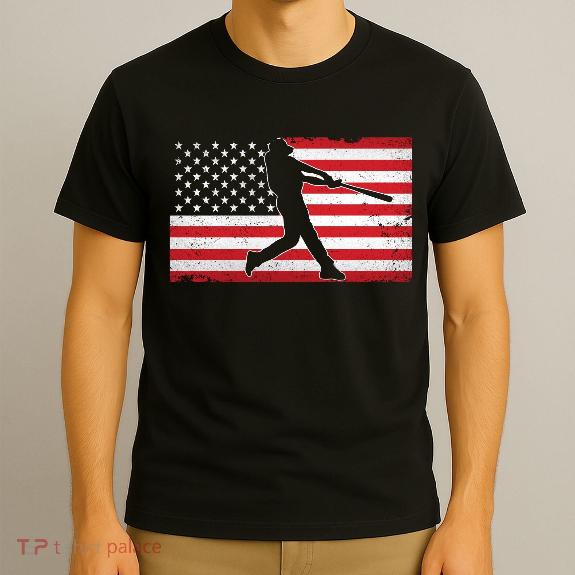 Baseball Player USA American Flag T-Shirt