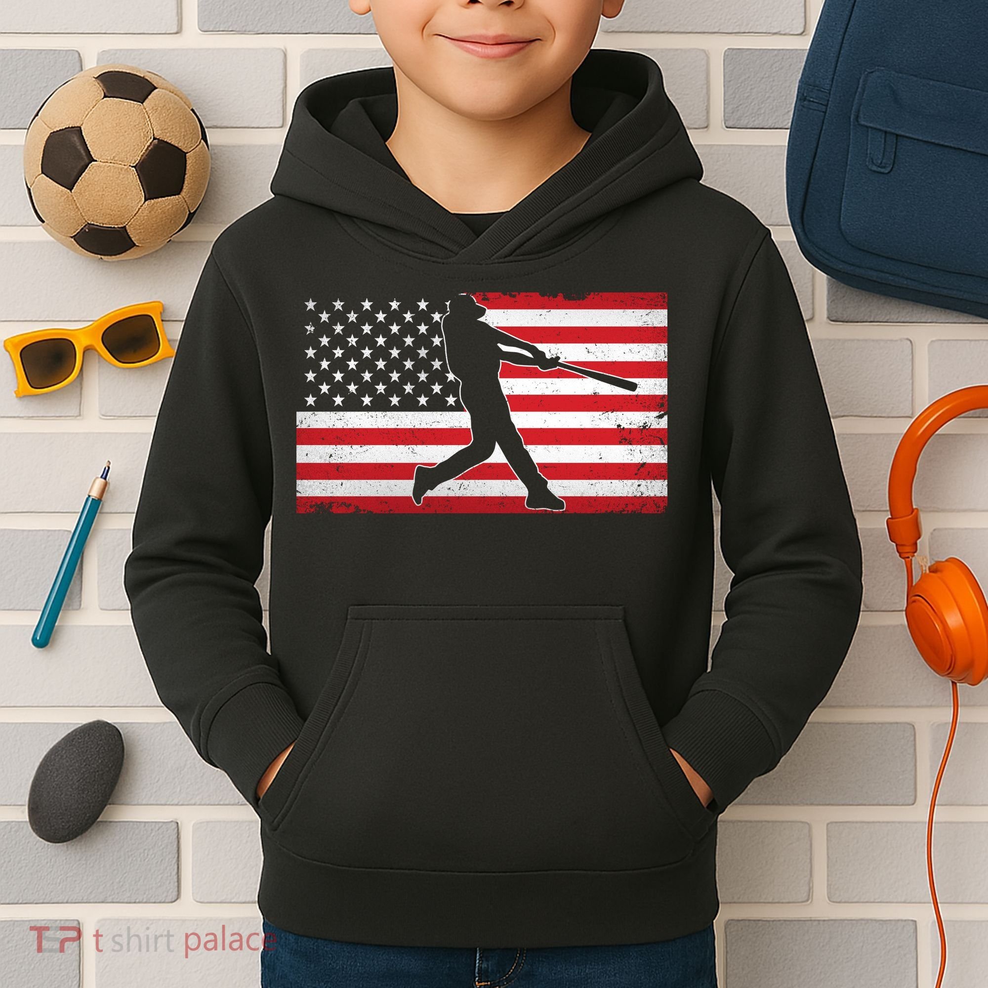 Baseball Player USA American Flag Kids Hoodie