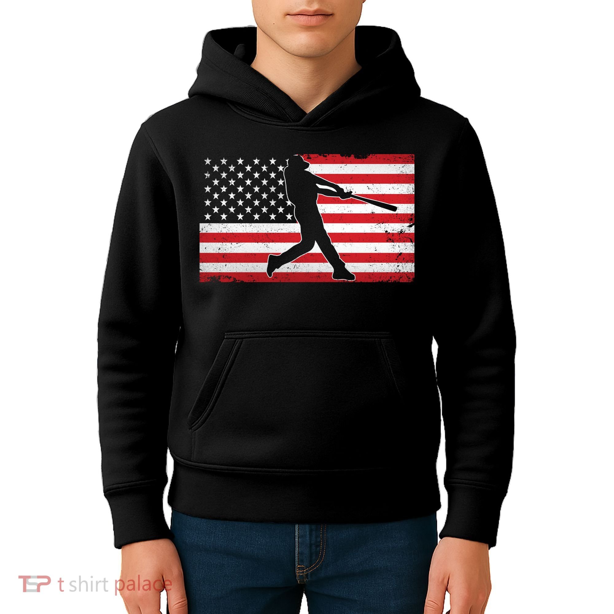 Baseball Player USA American Flag Kids Hoodie
