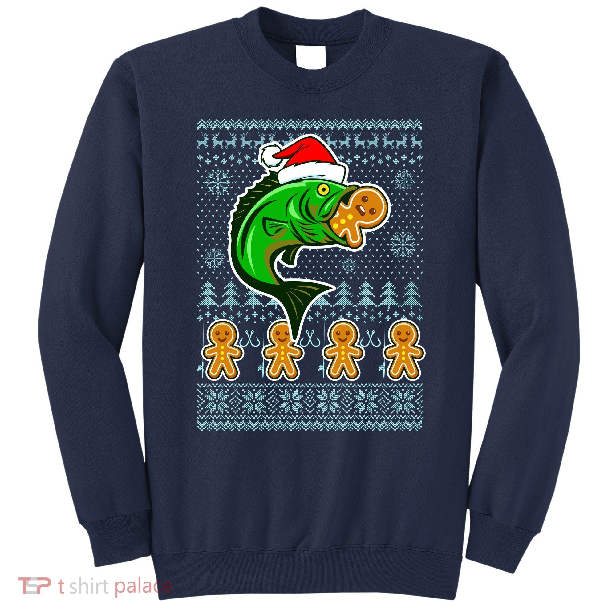 Bass Fish Eating Gingerbread Man Ugly Christmas Fishing Sweatshirt