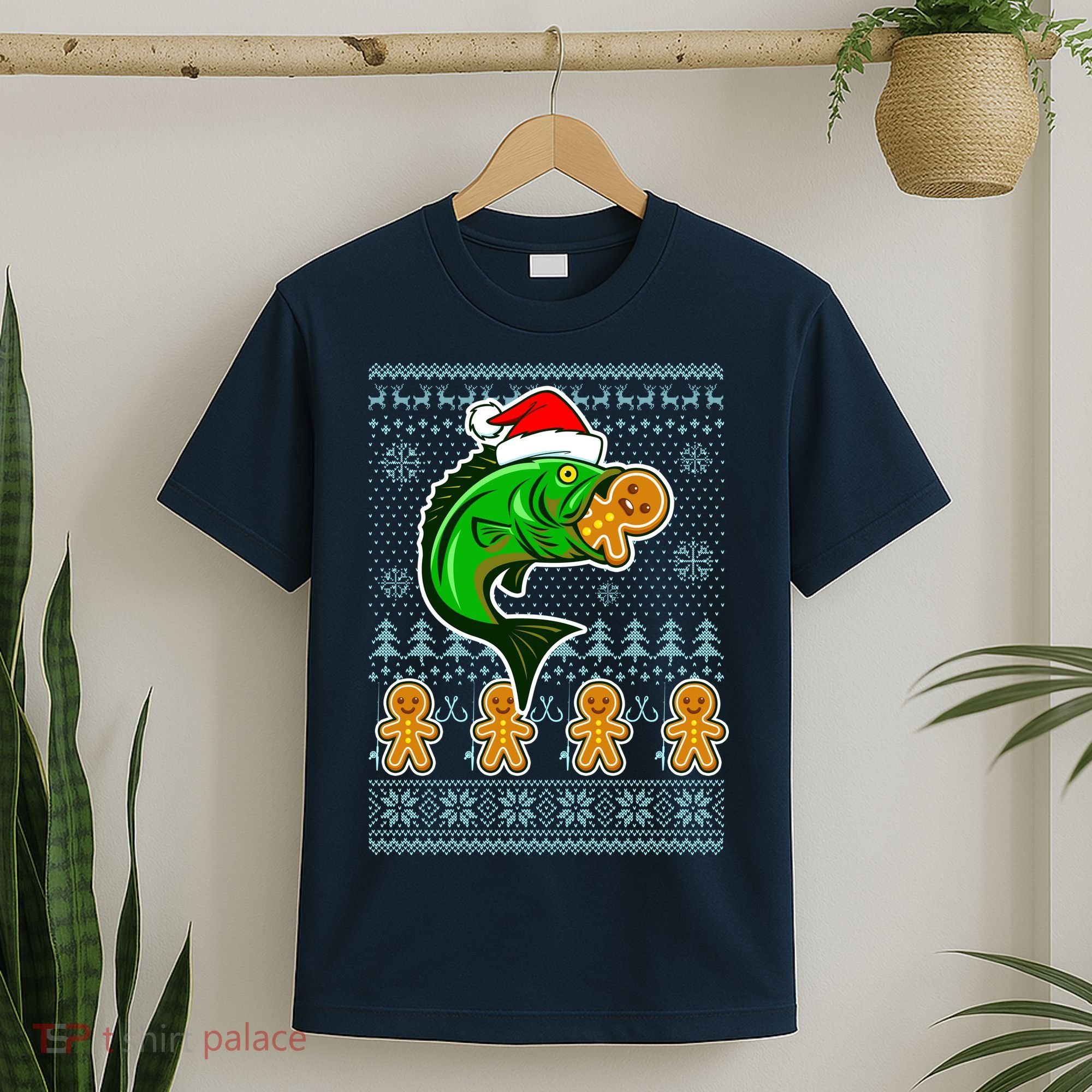 Bass Fish Eating Gingerbread Man Ugly Christmas Fishing T-Shirt