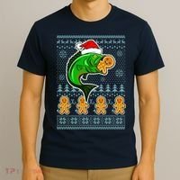Bass Fish Eating Gingerbread Man Ugly Christmas Fishing T-Shirt thumb 3