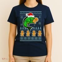 Bass Fish Eating Gingerbread Man Ugly Christmas Fishing T-Shirt thumb 4