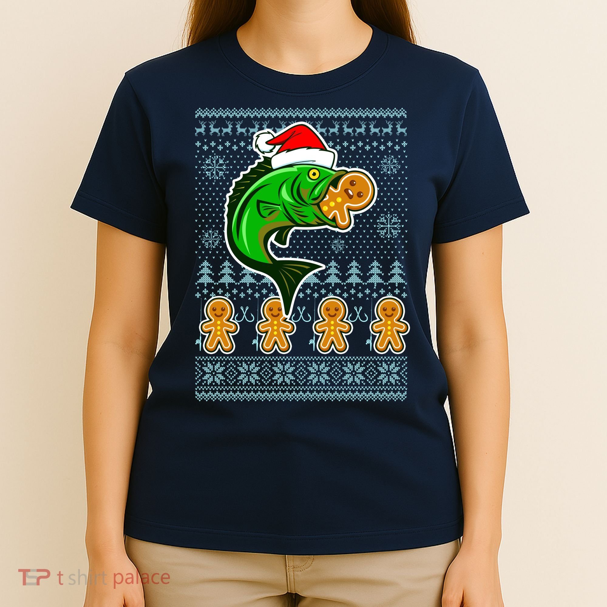 Bass Fish Eating Gingerbread Man Ugly Christmas Fishing T-Shirt